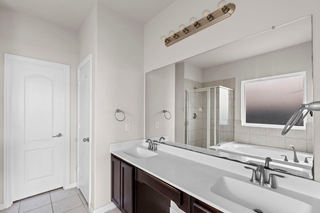 10015 Chase Ct, Baytown, TX 77521 - full bathroom with a shower stall, tile patterned floors, a garden tub, and double vanity