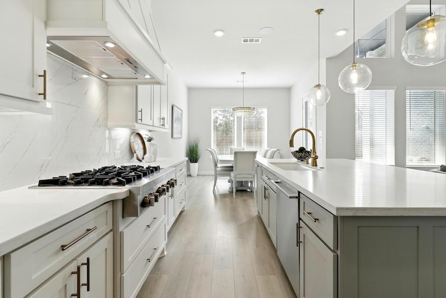 26923 Arethusa Ct, Spring, TX 77389 - kitchen featuring a sink, stainless steel appliances, custom range hood, light countertops, and tasteful backsplash