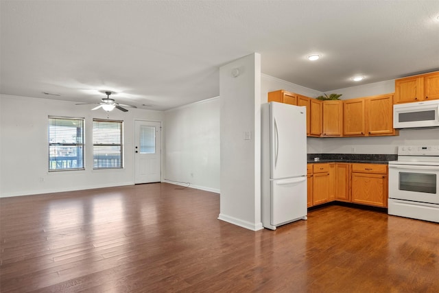 11 Highland Dr, Hitchcock, TX 77563 - kitchen featuring white appliances, dark wood-type flooring, dark countertops, ornamental molding, and a ceiling fan
