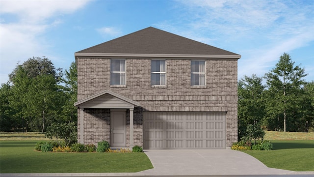 view of front of house featuring brick siding, an attached garage, concrete driveway, and a front yard