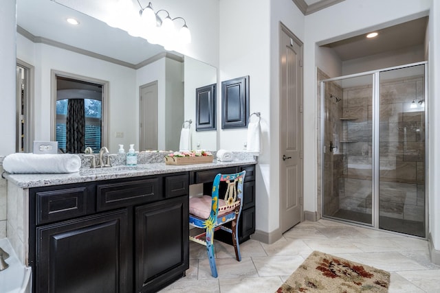 22903 Laburname Ct, Tomball, TX 77375 - full bath featuring ornamental molding, a stall shower, vanity, baseboards, and recessed lighting
