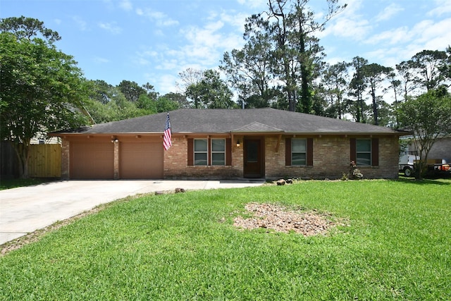 single story home with concrete driveway, brick siding, and a garage