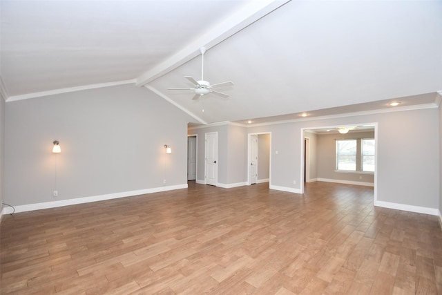 unfurnished living room with ceiling fan, crown molding, light wood-style flooring, and baseboards