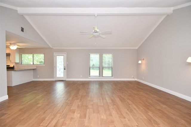 unfurnished living room with a ceiling fan, light wood-style floors, baseboards, and ornamental molding