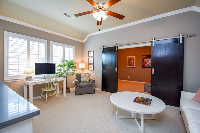 5006 Isidore Ln, Missouri City, TX 77459 - living area with a barn door, carpet floors, a ceiling fan, lofted ceiling, and crown molding