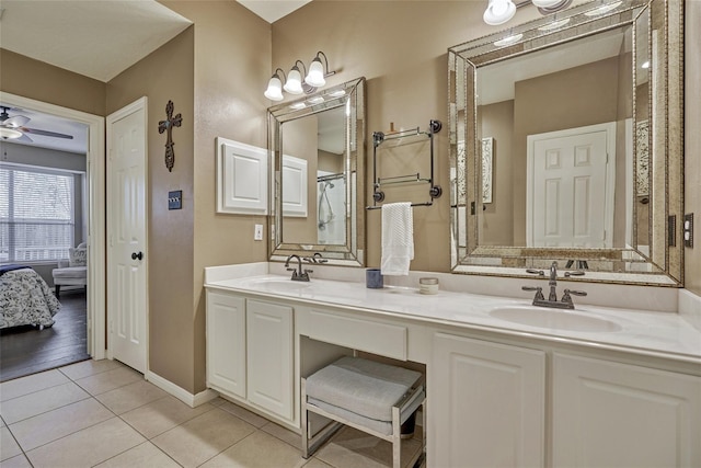 70 Harvest Wind Pl, The Woodlands, TX 77382 - ensuite bathroom with tile patterned flooring, double vanity, ceiling fan, and a shower