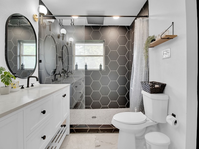 507 Patricia, San Antonio, TX 78216 - full bath featuring toilet, tiled shower, marble finish flooring, and vanity