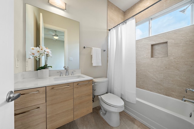 2705 St Emanuel St, Houston, TX 77004 - bathroom featuring toilet, vanity, shower / bath combination with curtain, and a ceiling fan