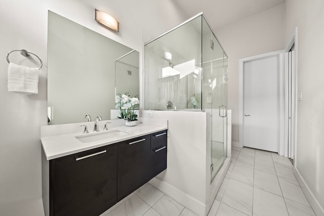 2705 St Emanuel St, Houston, TX 77004 - full bathroom featuring vanity, baseboards, a stall shower, and marble look tile flooring