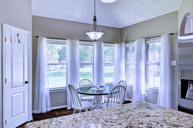 923 Garrett Dr, Magnolia, TX 77354 - dining space featuring baseboards, plenty of natural light, dark wood-style flooring, and a textured ceiling