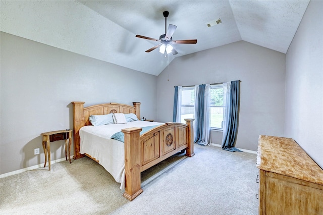 923 Garrett Dr, Magnolia, TX 77354 - bedroom featuring vaulted ceiling, light colored carpet, baseboards, and ceiling fan