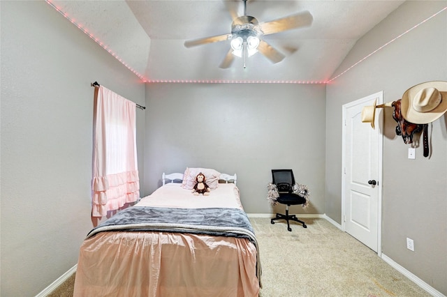 923 Garrett Dr, Magnolia, TX 77354 - bedroom featuring carpet floors, lofted ceiling, baseboards, and ceiling fan