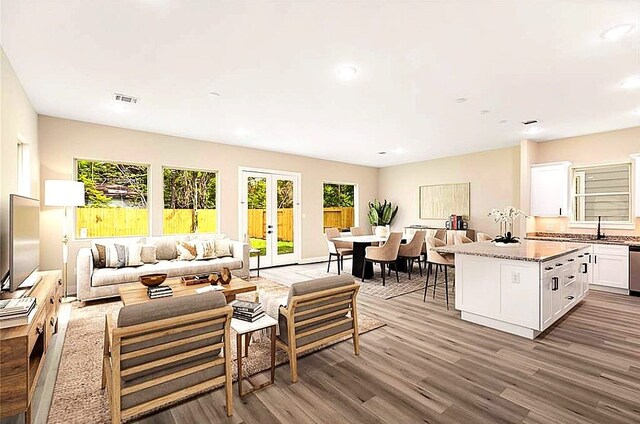 living room featuring wood finished floors, french doors, and recessed lighting