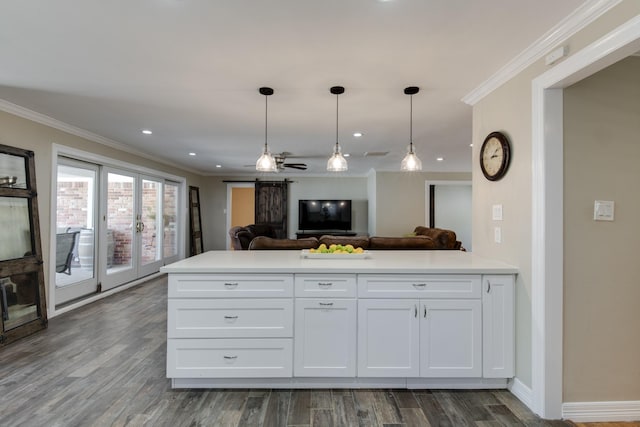 11107 Atwell Dr, Houston, TX 77096 - kitchen featuring open floor plan, ornamental molding, a ceiling fan, dark wood-style flooring, and decorative light fixtures