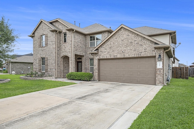 traditional-style home with brick siding, an attached garage, concrete driveway, and roof with shingles