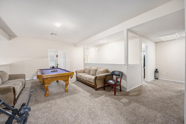 recreation room with attic access, carpet, baseboards, and pool table