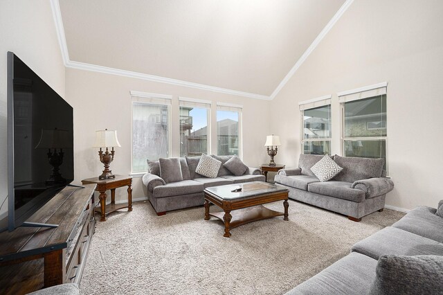 living area with crown molding, carpet, high vaulted ceiling, and baseboards