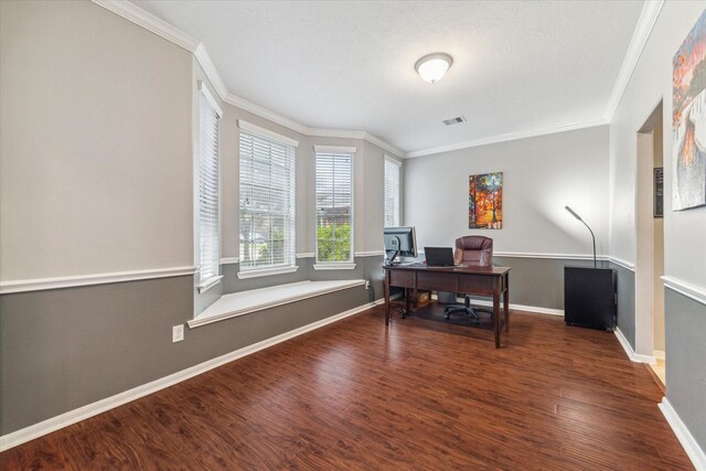 home office with crown molding, wood finished floors, and baseboards