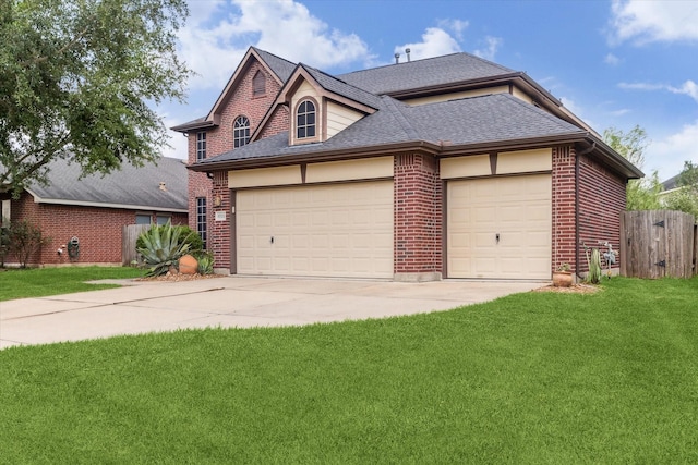 view of front of property featuring driveway, an attached garage, brick siding, and roof with shingles