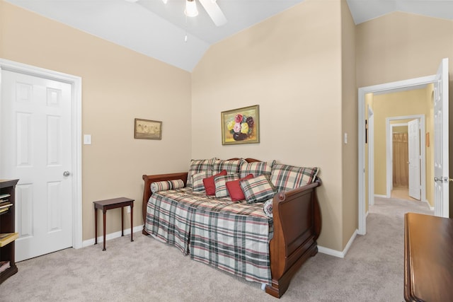bedroom with lofted ceiling, carpet, baseboards, and a ceiling fan