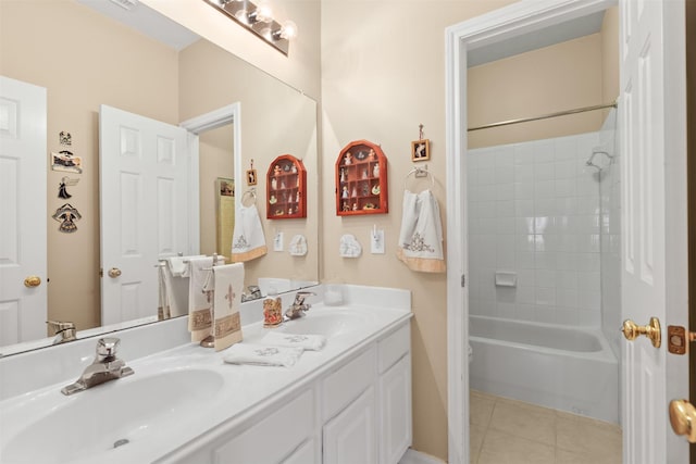 full bath featuring tile patterned floors, double vanity, and  shower combination