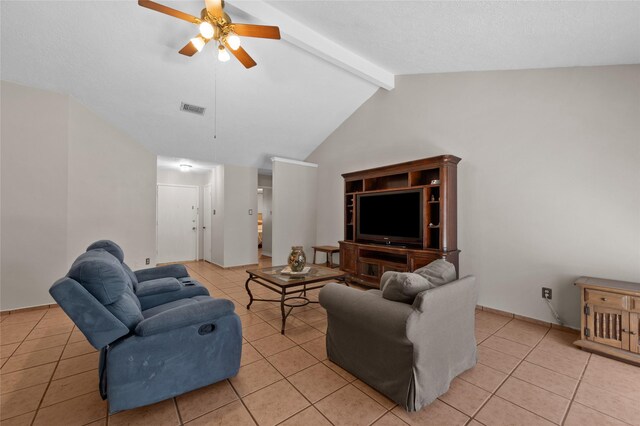 living room with light tile patterned floors and ceiling fan