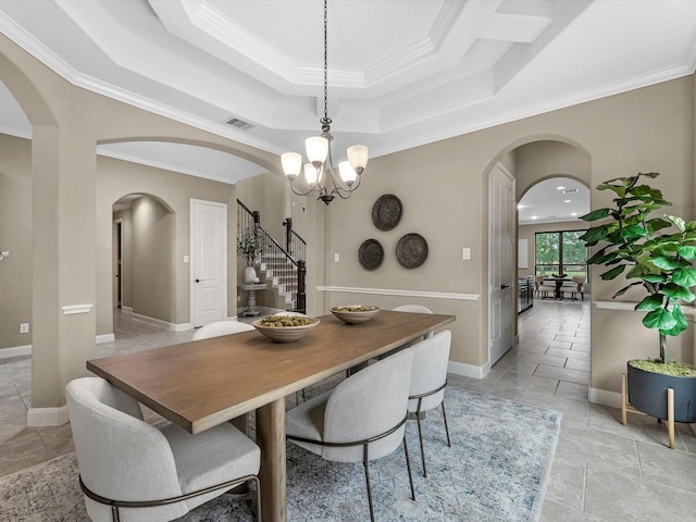 20722 Lavone Dr, Porter, TX 77365 - dining room with arched walkways, crown molding, stairway, a chandelier, and a tray ceiling