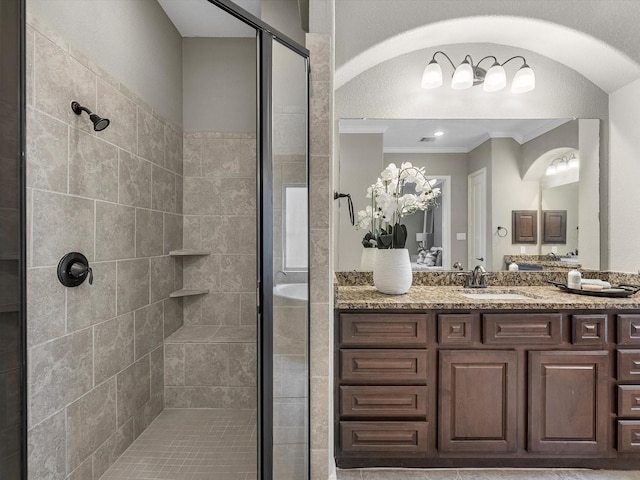 20722 Lavone Dr, Porter, TX 77365 - bathroom with ornamental molding, a shower stall, and vanity