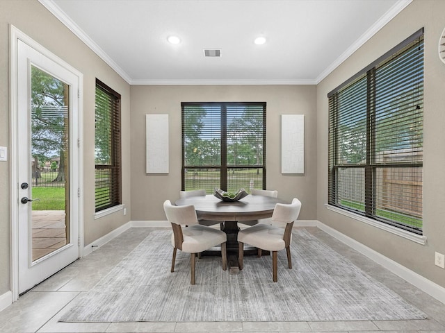 20722 Lavone Dr, Porter, TX 77365 - dining area featuring crown molding, baseboards, light tile patterned floors, and recessed lighting