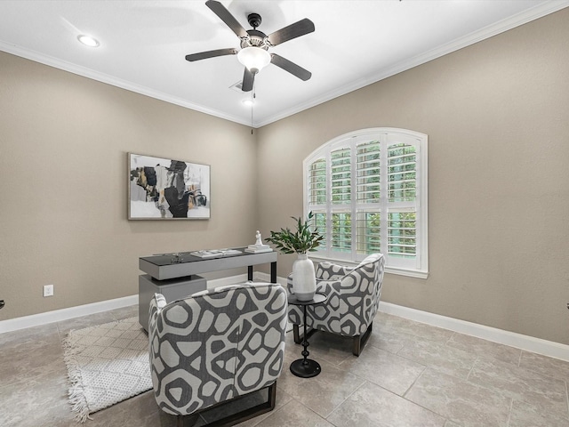 20722 Lavone Dr, Porter, TX 77365 - office space with crown molding, a ceiling fan, baseboards, and recessed lighting