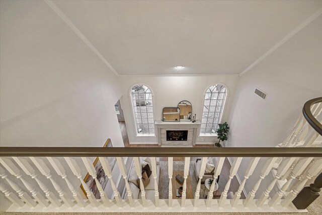 stairs with a fireplace
