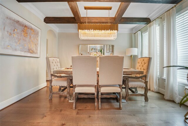 dining area featuring a chandelier, baseboards, beamed ceiling, wood finished floors, and coffered ceiling