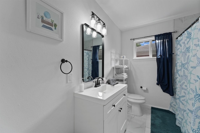 5927 Warm Springs Rd, Houston, TX 77035 - bathroom featuring toilet, marble finish flooring, vanity, baseboards, and a shower with shower curtain