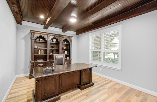 9803 White Rock Lake Trl, Cypress, TX 77433 - office featuring wood ceiling with exposed beams, light wood finished floors, and baseboards