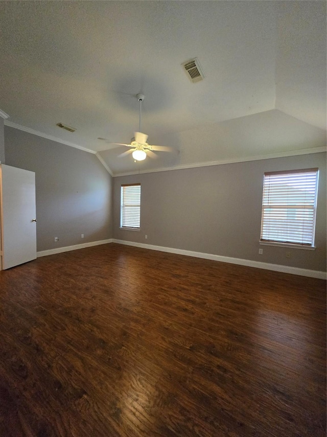 2727 N Larkspur Cir, Pearland, TX 77584 - spare room with vaulted ceiling, ornamental molding, dark wood-style floors, and ceiling fan
