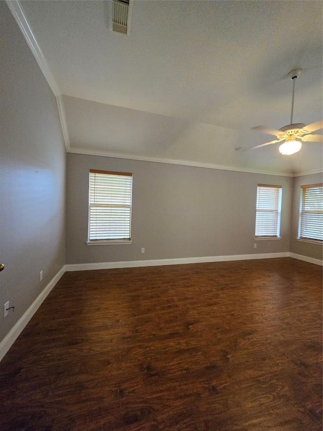 2727 N Larkspur Cir, Pearland, TX 77584 - empty room with crown molding, vaulted ceiling, dark wood-style flooring, and a ceiling fan