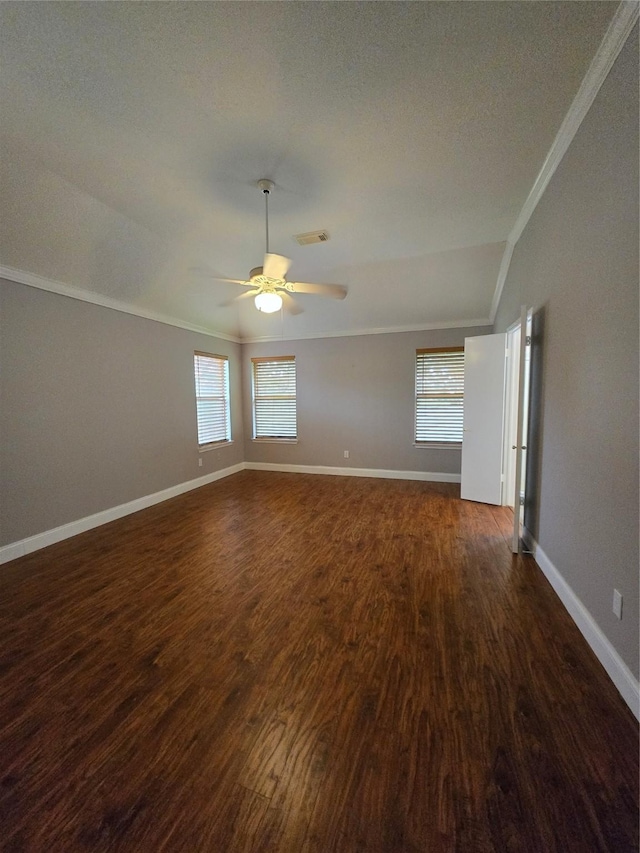 2727 N Larkspur Cir, Pearland, TX 77584 - spare room featuring crown molding, lofted ceiling, a ceiling fan, dark wood finished floors, and a textured ceiling