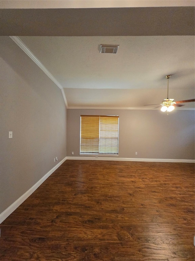 2727 N Larkspur Cir, Pearland, TX 77584 - spare room featuring crown molding, lofted ceiling, dark wood-style floors, and ceiling fan