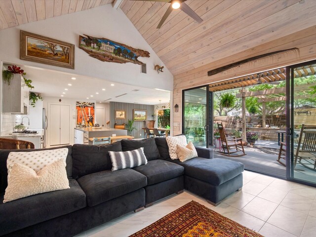 living area with light tile patterned floors, a ceiling fan, high vaulted ceiling, wood ceiling, and recessed lighting