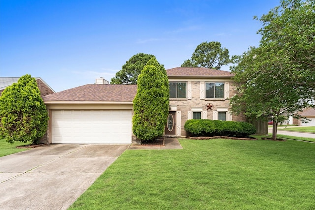 colonial inspired home featuring a garage, concrete driveway, a front yard, and a chimney