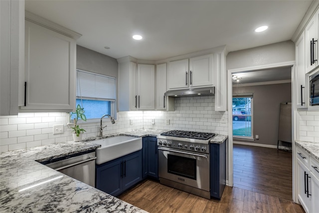 6031 Mcknight St, Houston, TX 77035 - kitchen featuring stainless steel appliances, a sink, under cabinet range hood, blue cabinetry, and white cabinets