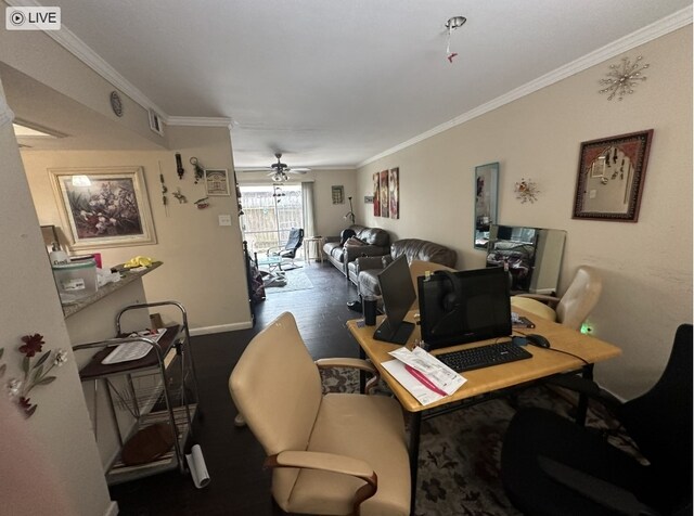 office featuring ornamental molding, a ceiling fan, and baseboards