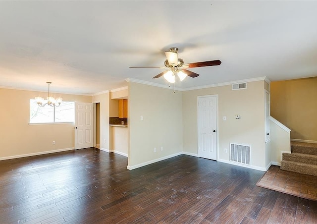 unfurnished living room featuring a chandelier, a ceiling fan, dark wood-style flooring, stairway, and baseboards