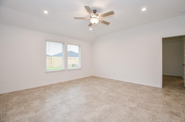 unfurnished room with ceiling fan, recessed lighting, vaulted ceiling, and baseboards