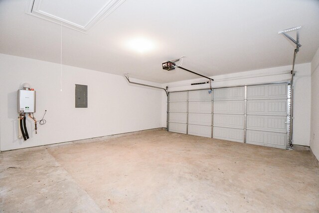 garage with electric panel and a garage door opener