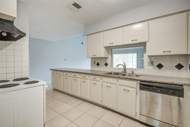 kitchen with dishwasher, a sink, white electric range, decorative backsplash, and light countertops