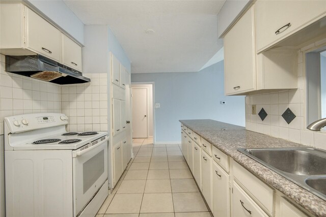 kitchen with white electric range oven, under cabinet range hood, a sink, and tasteful backsplash