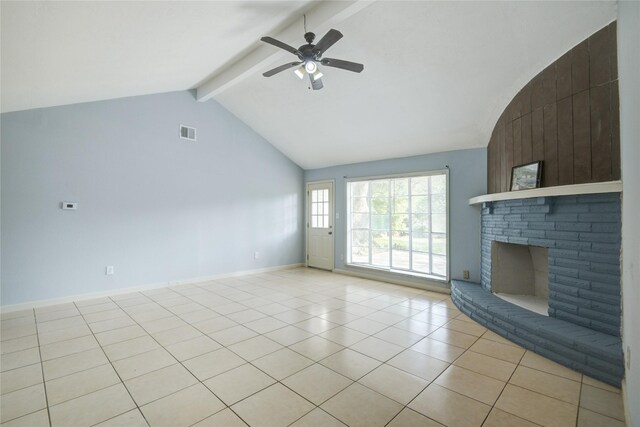 unfurnished living room with ceiling fan, a fireplace, light tile patterned floors, and baseboards