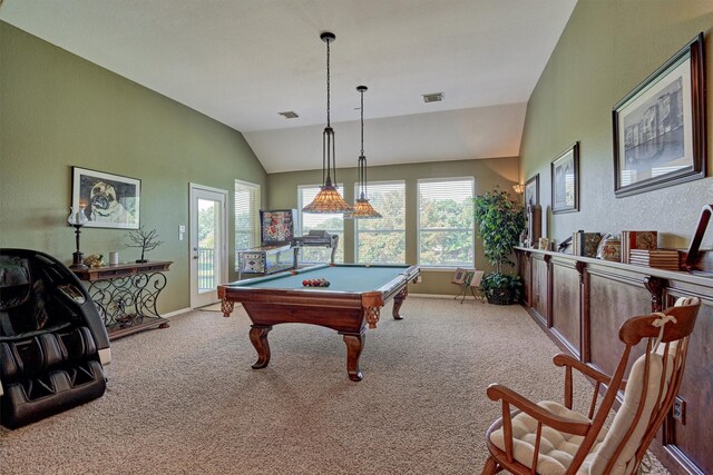 recreation room with plenty of natural light, lofted ceiling, billiards, baseboards, and carpet flooring