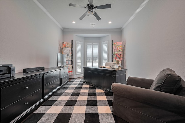 office space with a ceiling fan, ornamental molding, and recessed lighting